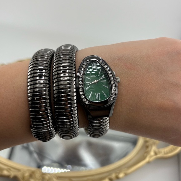 Gunmetal Coil Bracelet Watch with Green Dial โ Statement Stretch Watch - Picture 10 of 10